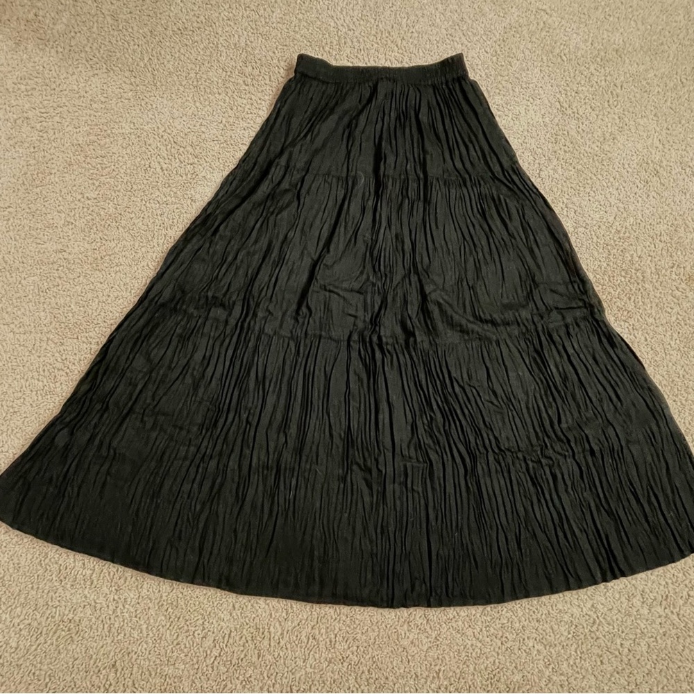 Women's VINTAGE 90's RHYTHM BLUE Black MAXI Full Flare TIERED Rayon SKIRT  M